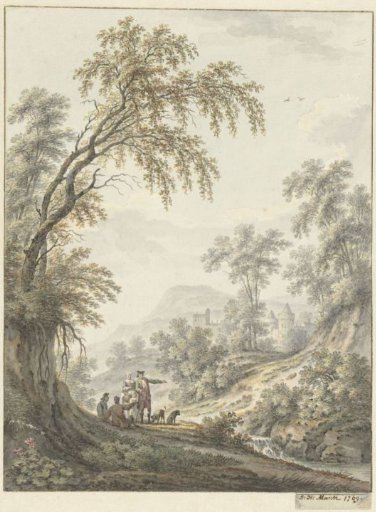 Landscape with small waterfall and a castle in the distance