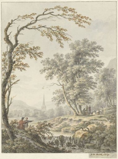 Landscape with waterfall and a church in the distance