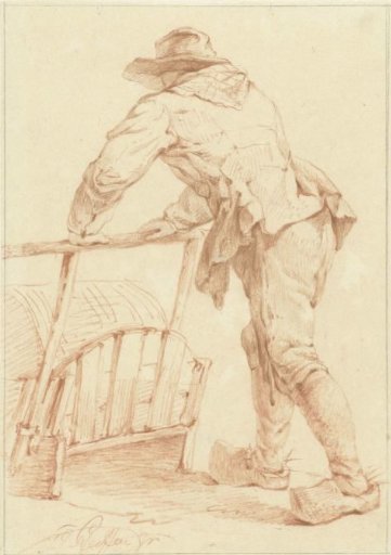 Boy in clogs, pushing against a sled (?)