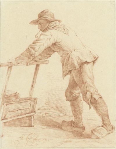 Boy in clogs, pushing against a sled (?)