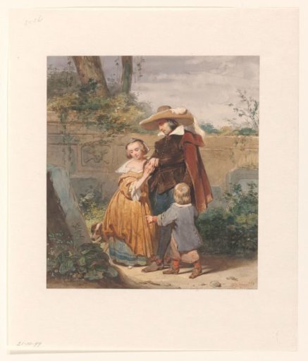 A father with two children at the grave of the mother