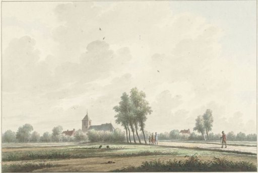 A landscape with a church on the horizon