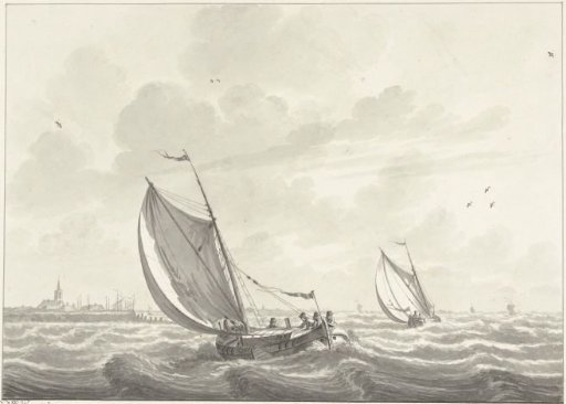Ship under sail on the Meuse, in the distance the villages of Oud and Nieuw Beijerland