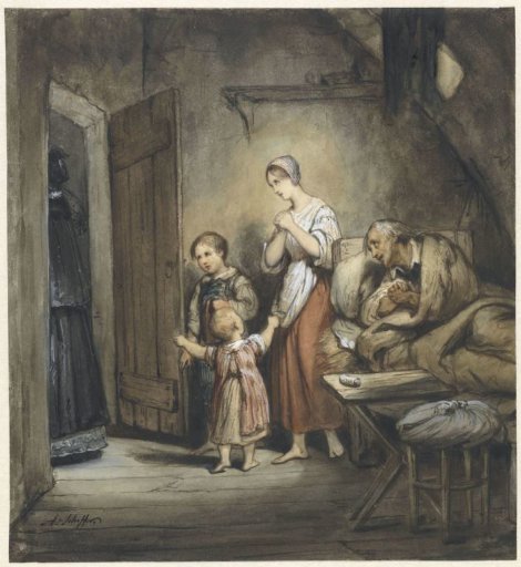 Sick man in bed with a woman and two children beside him