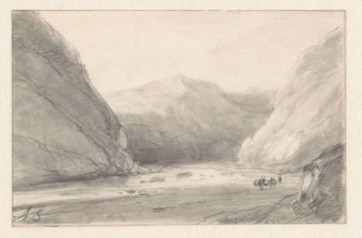 Mountain landscape with river and a figure with two laden donkeys