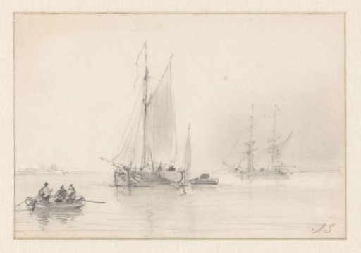 Seascape with two large sailing ships and two rowboats