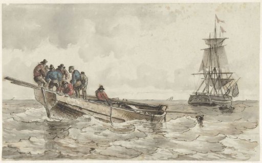 Eight men in a rowing boat by a sailing ship
