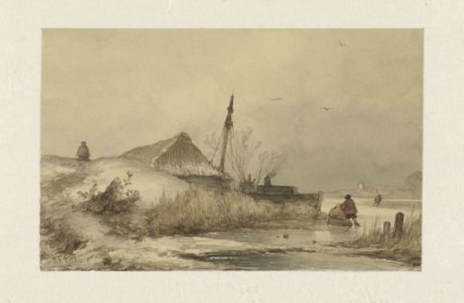 Winter landscape with a farm by a canal