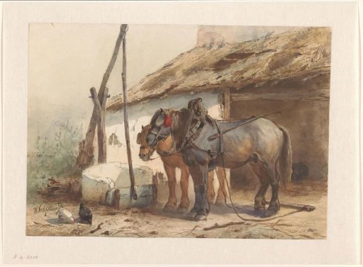 Two horses standing in front of a stable