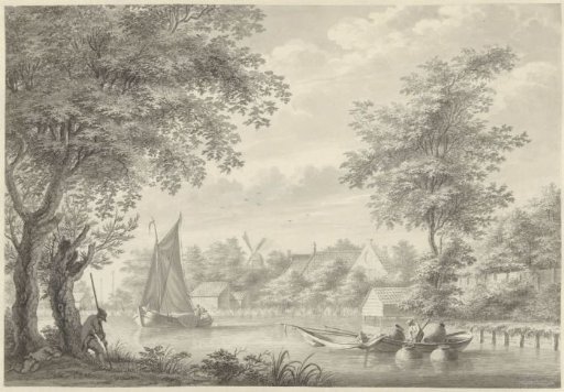 View of the Schinkel with a sailing ship and a fisherman