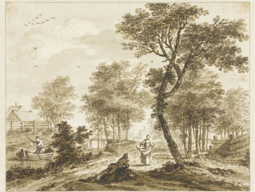 Landscape with figures and a man in a punt on the left