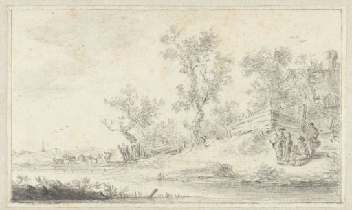 Landscape with a group of four people, cattle to the left