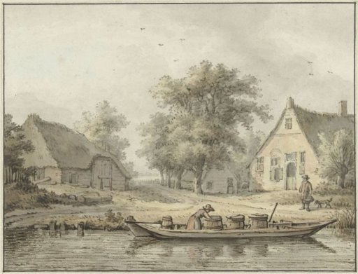 Landscape with a moored boat with barrels