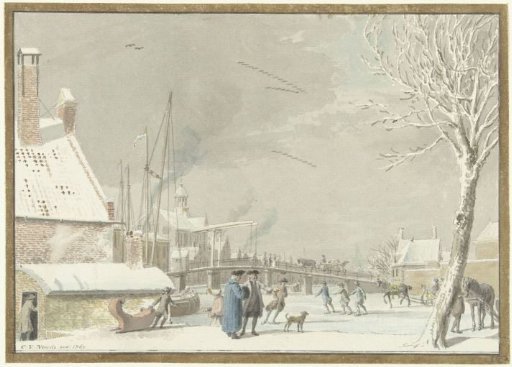 Frozen city canal with skaters
