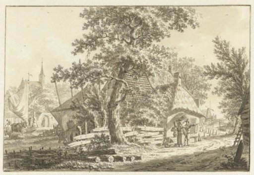 Village view with a few figures before a house