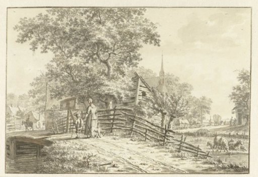 Village view with a few figures on a bridge