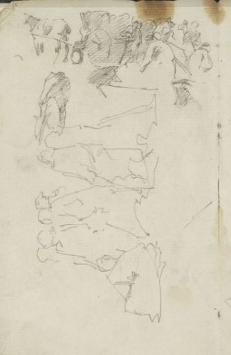 Groups of figures and a horse-drawn carriage