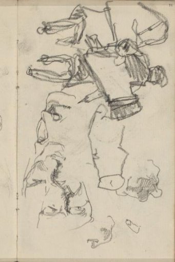 Men's heads and two figures with luggage on their backs