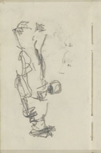 Two faces and a standing woman with a hat