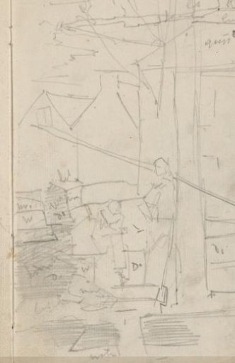 Figures for buildings, possibly on a quay