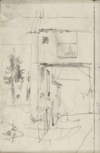 Study sheet with figures under an umbrella, cows in a meadow, and a building