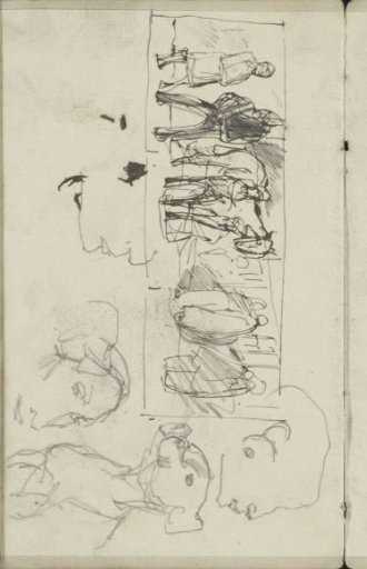 Study sheet with figures with horses, faces, and a dog