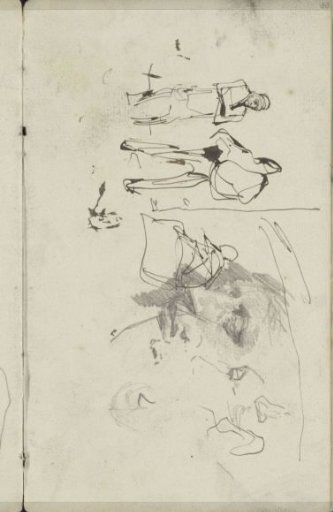 Study sheet with two men, a seated woman, and faces