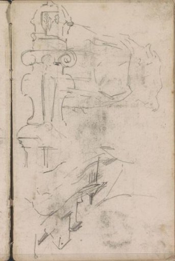 Gables and an architectural element with volutes