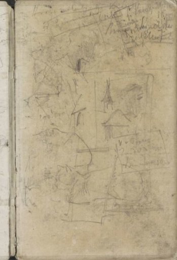 Study sheet, including a figure, a cat, and a city view
