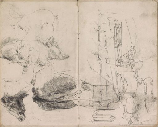 Study sheet with pigs, a cow's hindquarters, architectural studies and a study of William II of Holland