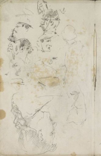 Study sheet with heads of soldiers and a female head with a braid