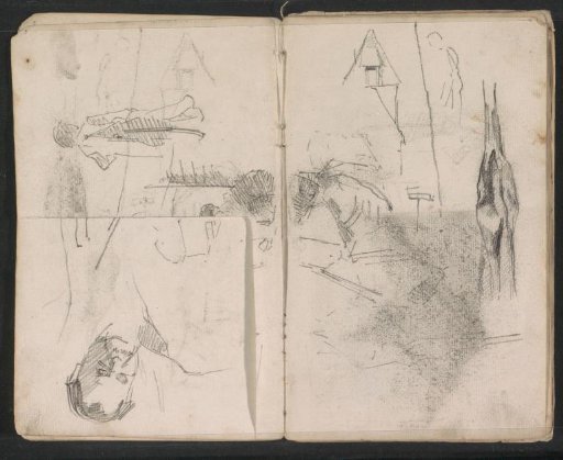Study sheet with figures, a building, and a horse's leg