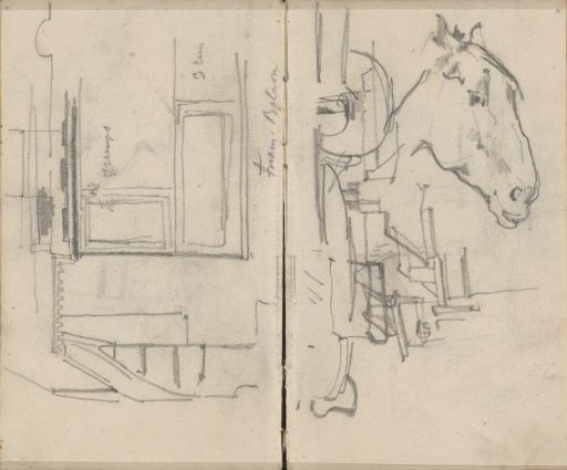 Study sheet with a horse's head, buildings, and possibly a tram undercarriage