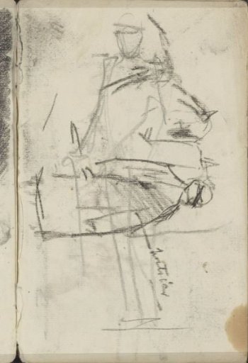 Standing man with a stick and a coachman with two harnessed horses