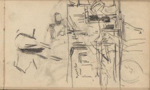 Horse and carriage in front of buildings and a soldier, possibly an artilleryman