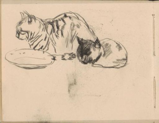 Two cats by a dish