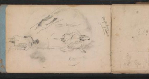 Horse studies and a figure, seen from the back