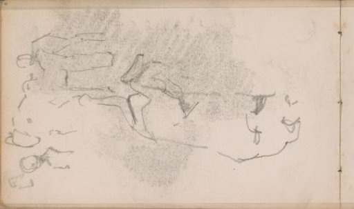 Recumbent dog and figures near a horse