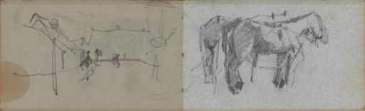 Figures near buildings and two harnessed horses