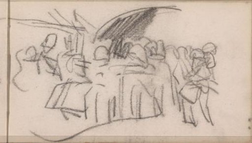 Group of figures, possibly at a stall