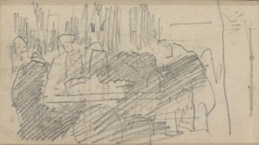 Group of figures, possibly near a cart