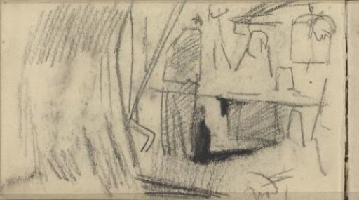 Figures, possibly in a tent or stall