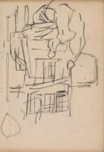 Figures by a cart in front of a building