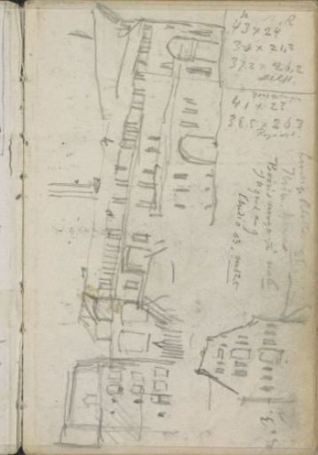 Annotations and a view of buildings, possibly in Amsterdam