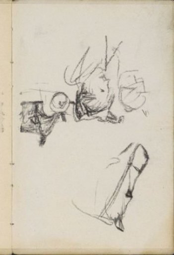 Study sheet with a horse's head, a figure, and a cart