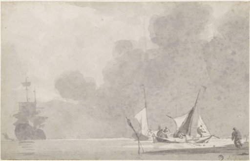 Marine with two fishing boats on the right, in the background a two-master