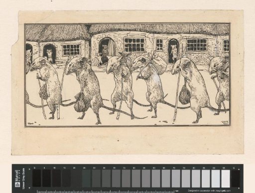 Parade of mice with walking sticks and pouches