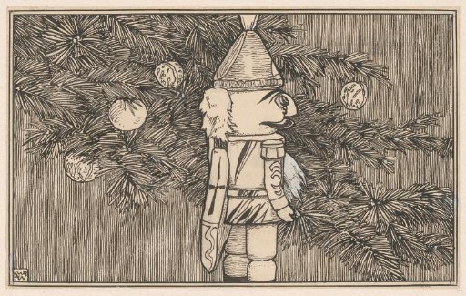 Nutcracker in a hussar's coat by a Christmas tree