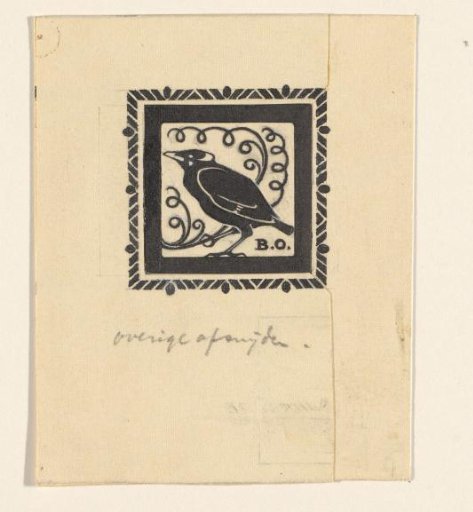 Design for an Ex Libris with a Bird and the Initials B.O.