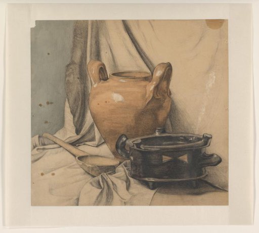 Still life with earthenware and a wooden spoon